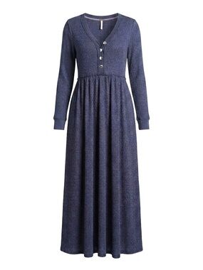 Free People Marissa Blue Boho Henley Waffle Knit Maxi Dress Long Sleeve S